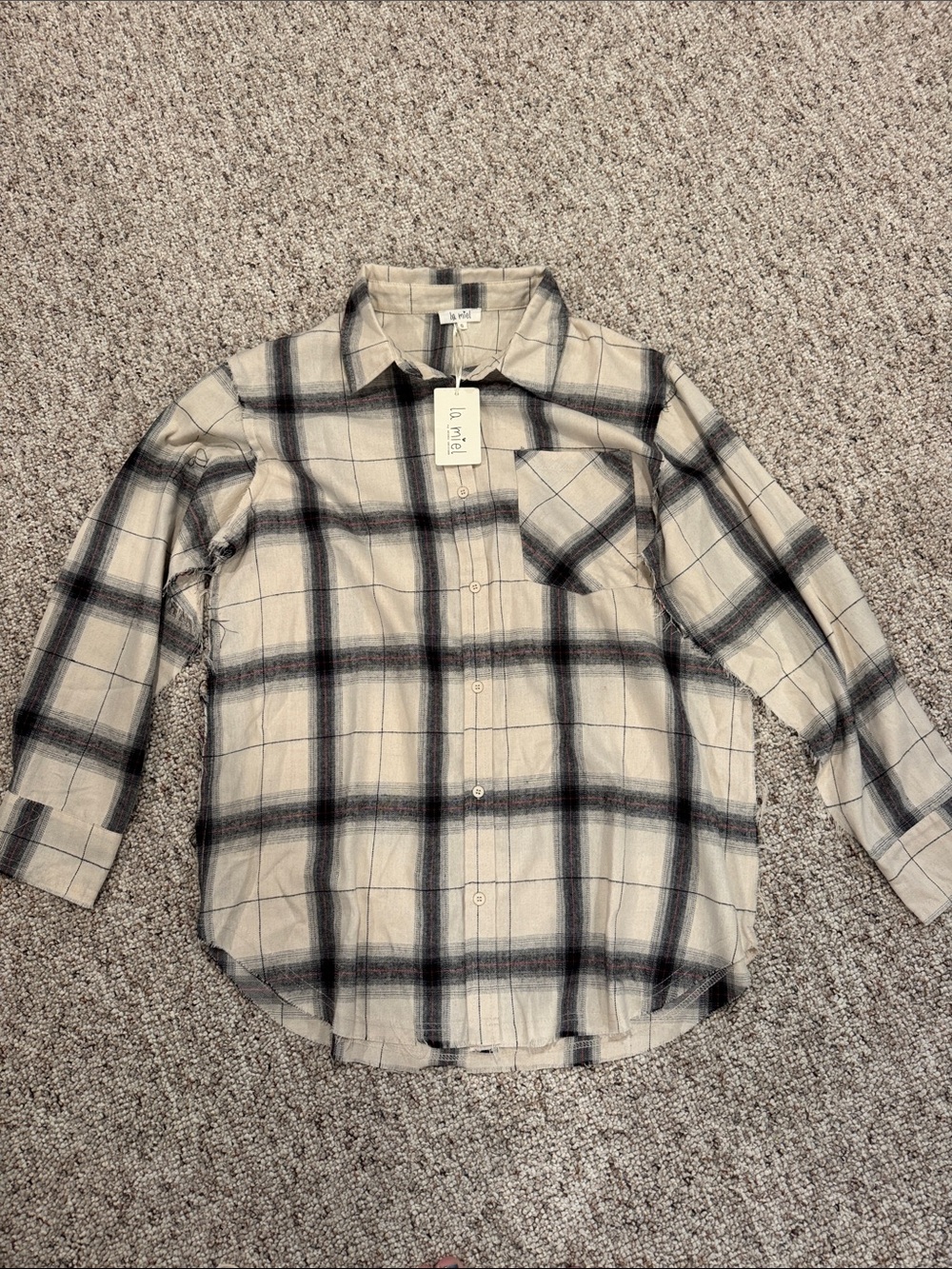 LA MIEL Cream and Black Plaid Button-Down Shirt